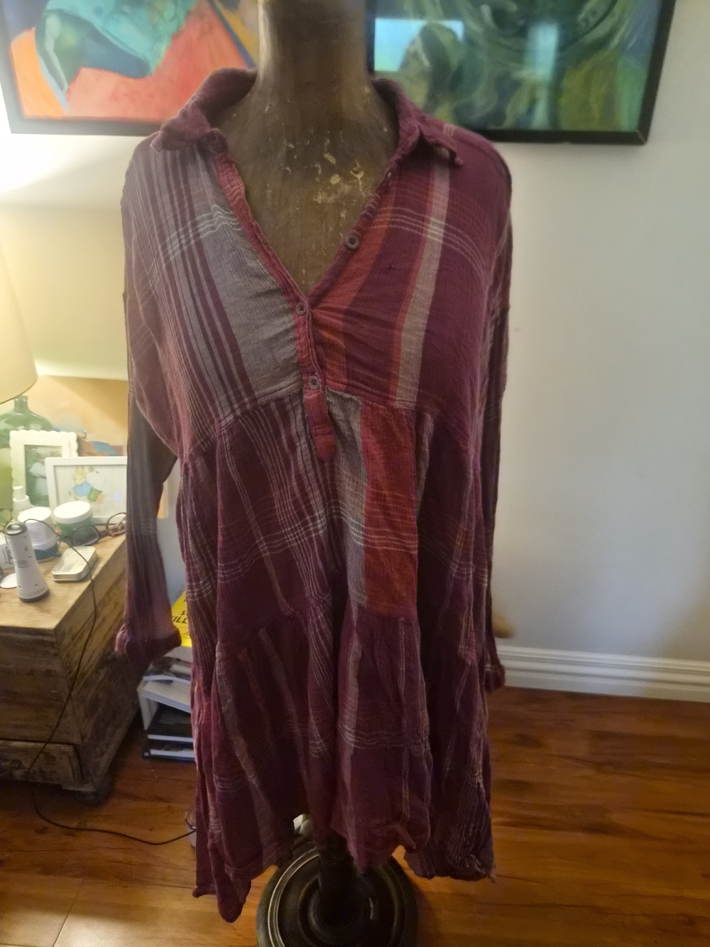 Boho Plaid Button-Front Tunic Dress in Wine Berry